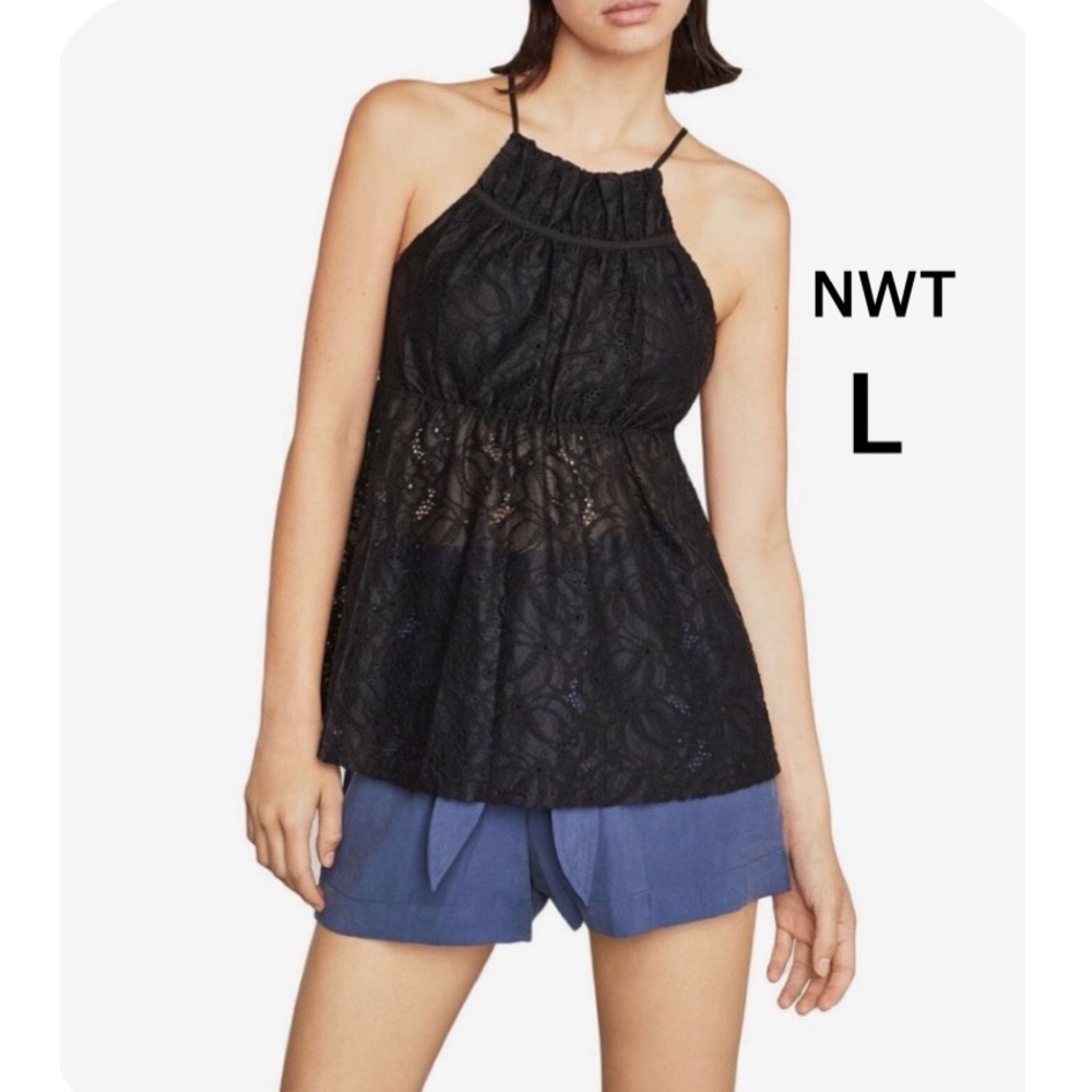 NWT (L) BCBGMaxAzria crochet lace high neck high waist long flared black tunic